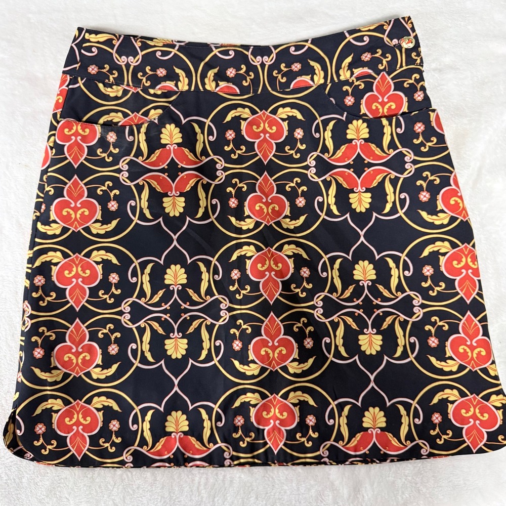 EP Pro Golf Skort Womens 2 Black Red Gold Scroll Floral Print Athletic Skirt